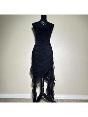 Y2K Black Asymmetrical Ruched Midi Dress Fairy Grunge Goth Formal